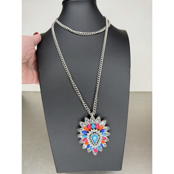 Rhinestone Star Burst BLING STATEMENT Necklace Colorful Blue Pink - Picture 1 of 3